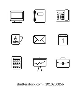 Black vector line icons for business and office on white background