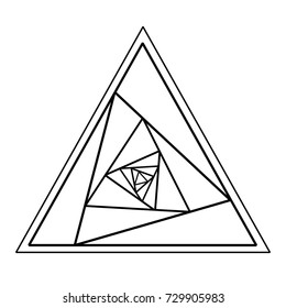 Black vector line sketch tattoo rose flower petals mandala, the swirl in the triangle. Logotype, logo, trade mark, 3d pyramid. Vector image, geometric symbol of the fire triangle on a white background