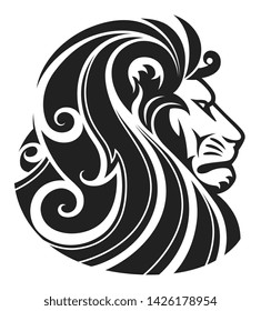 Black vector lion head with floral elements on the white background.
