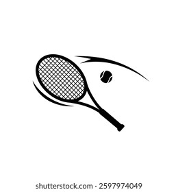 A black vector logo featuring an abstract representation of a tennis racket with a ball in mid-air