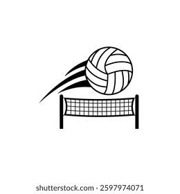 A black vector logo featuring an abstract representation of a volleyball soaring above a net