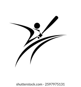A black vector logo featuring an abstract representation of a baseball bat swinging at a ball on a white background