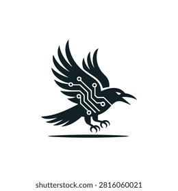 Black vector logo of a flying raven with circuit board patterns integrated into its body, representing technology, cybersecurity, and AI.