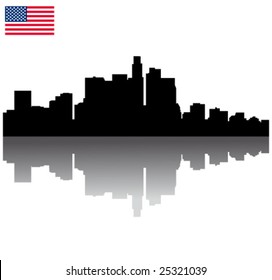 Black vector Los Angeles silhouette skyline with USA flag