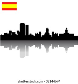 Black vector Madrid silhouette skyline with Spain flag