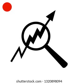Black vector magnifier icon with price chart inside, isolated on white background, fractal principle of financial markets, graph of growth of asset price