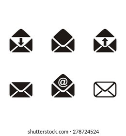 Black vector mail envelope icons on white background