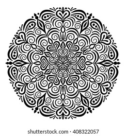 Black vector mandala. Decorative round floral ornament. Anti-stress therapy pattern. Weave design element. Yoga logo, tattoo, pic for meditation poster. Unusual flower shape. Oriental flourish style