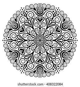 Black vector mandala. Decorative round floral ornament. Anti-stress therapy pattern. Weave design element. Yoga logo, tattoo, pic for meditation poster. Unusual flower shape. Oriental flourish style