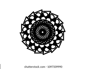 Black vector mandala on white background. Geometric shape medallion. Round decoration in futuristic style. Single concentric ornament isolated. Vector mandala stamp or tattoo. Coloring mandala clipart