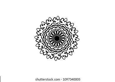 Black vector mandala on white background. Freehand doodle decor. Round decoration in futuristic style. Single concentric ornament isolated. Vector mandala stamp or tattoo. Coloring mandala clipart