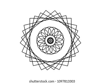 Black vector mandala on white background. Geometric rhythm decor. Round decoration in futuristic style. Single concentric ornament isolated. Vector mandala stamp or tattoo. Coloring mandala clipart