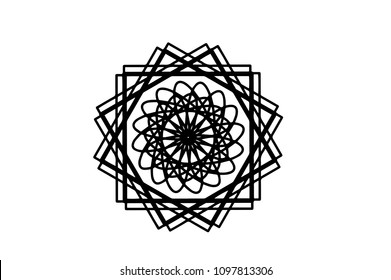 Black vector mandala on white background. Modern geometric mandala. Round decoration in futuristic style. Single concentric ornament isolated. Vector mandala stamp or tattoo. Coloring mandala clipart