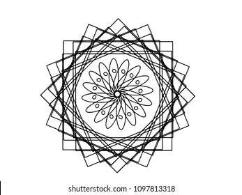 Black vector mandala on white background. Geometric shapes decor. Round decoration in futuristic style. Single concentric ornament isolated. Vector mandala stamp or tattoo. Coloring mandala clipart