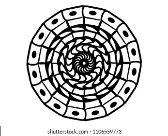 Black vector mandala on white background. Outlined mandala decor element. Round stamp template. Circle ornament isolated. Abstract medallion. Handdrawn seal or tattoo. Coloring mandala clipart
