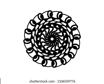 Black vector mandala on white background. Spiral mandala decor element. Round stamp template. Circle ornament isolated. Abstract medallion. Handdrawn seal or tattoo. Coloring mandala clipart