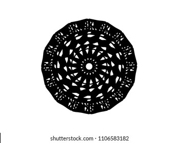Black vector mandala on white background. Dark mandala decor element. Round stamp template. Circle ornament isolated. Abstract medallion. Handdrawn seal or tattoo. Coloring mandala clipart