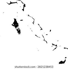 Black vector map of Bahamas with administrative division borders, isolated on a transparent background.
