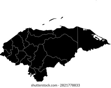 Black vector map of Honduras with administrative division borders, isolated on a transparent background.