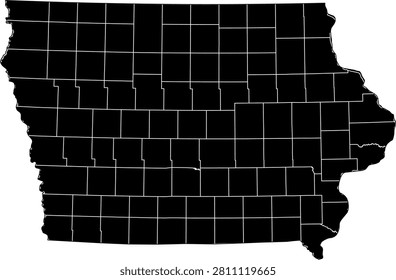 Black vector map of Iowa with county borders, isolated on a transparent background.
