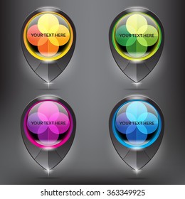 Black vector map markers with floral design. Isolated on the black background. Vector illustration. Eps10.