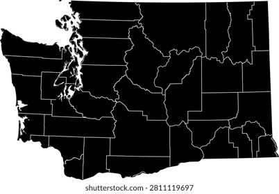 Black vector map of Washington with county borders, isolated on a transparent background.