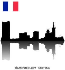 Black vector Marseille silhouette skyline with French flag