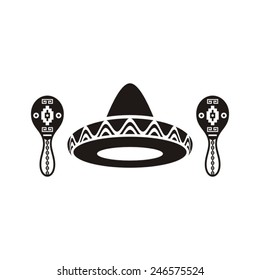 Black vector mexican sombrero and maracas icon isolated