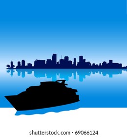 Black vector  Miami silhouette skyline with yacht