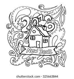 Black vector mono color illustration for Merry Christmas and Happy New Year 2016 print design. Coloring book page design for adults or kids. Vector template.