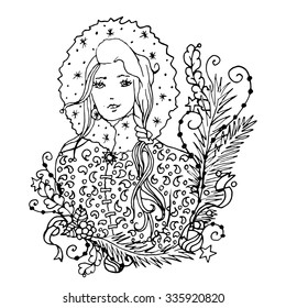 Black vector mono color illustration with Snow Maiden lady for Merry Christmas and Happy New Year 2017 print design. Coloring book page design for adults or kids. Vector template.