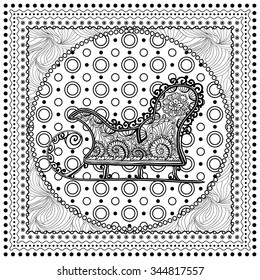 Black vector mono color illustration for Merry Christmas and Happy New Year 2016 print design. Coloring book page design for adults or kids. Vector template.Ornamental border and frame