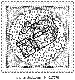 Black vector mono color illustration for Merry Christmas and Happy New Year 2017 print design. Coloring book page design for adults or kids. Vector template.Ornamental border and frame