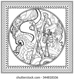 Black vector mono color illustration for Merry Christmas and Happy New Year 2017 print design. Coloring book page design for adults or kids. Vector template.Ornamental border and frame