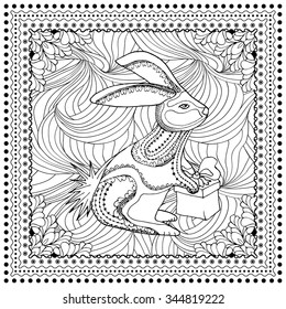 Black vector mono color illustration for Merry Christmas and Happy New Year 2017 print design. Coloring book page design for adults or kids. Vector template.Ornamental border and frame