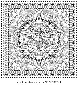 Black vector mono color illustration for Merry Christmas and Happy New Year 2017 print design. Coloring book page design for adults or kids. Vector template.Ornamental border and frame