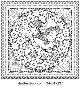 Black vector mono color illustration for Merry Christmas and Happy New Year 2017 print design. Coloring book page design for adults or kids. Vector template.Ornamental border and frame
