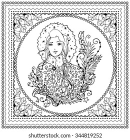 Black vector mono color illustration for Merry Christmas and Happy New Year 2016 print design. Coloring book page design for adults or kids. Vector template.Ornamental border and frame