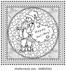 Black vector mono color illustration for Merry Christmas and Happy New Year 2016 print design. Coloring book page design for adults or kids. Vector template.Ornamental border and frame