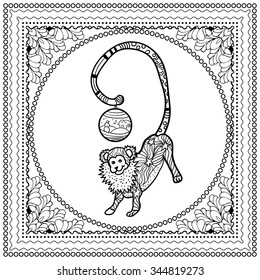 Black vector mono color illustration for Merry Christmas and Happy New Year 2016 print design. Coloring book page design for adults or kids. Vector template.Ornamental border and frame