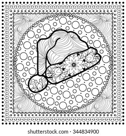 Black vector mono color illustration for Merry Christmas and Happy New Year 2017 print design. Coloring book page design for adults or kids. Vector template.Ornamental border and frame