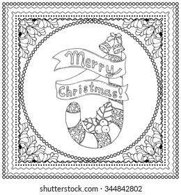 Black vector mono color illustration for Merry Christmas and Happy New Year 2017 print design. Coloring book page design for adults or kids. Vector template.Ornamental border and frame