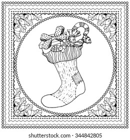 Black vector mono color illustration for Merry Christmas and Happy New Year 2017 print design. Coloring book page design for adults or kids. Vector template.Ornamental border and frame
