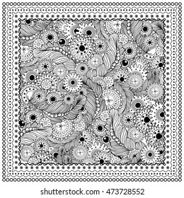 Black vector mono color illustration. Adult Coloring book page design, for adults or kids. Vector template. Ornamental border and frame. Steampunk style, feathers and gear-wheels