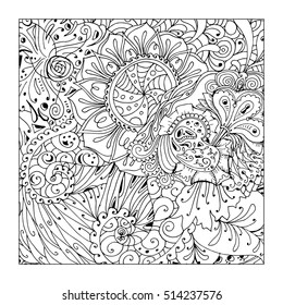 Black vector mono color illustration. Adult Coloring book page design, for adults. Vector template. Ornamental border and frame