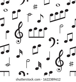 Black vector music notes seamless pattern on white