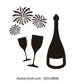 Black vector new year firework and champagne isolated