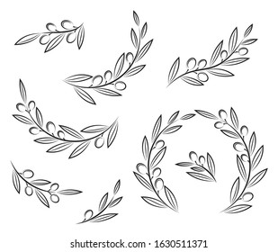 Black vector olive branches with leaves and olives