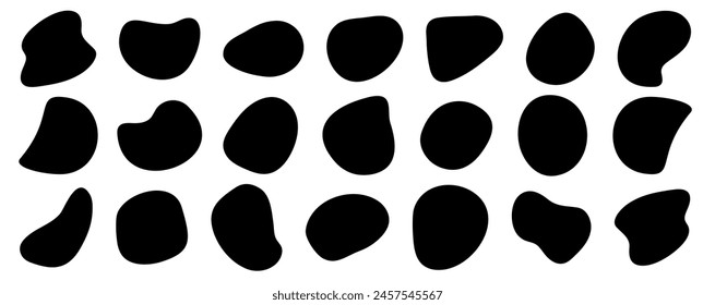 Black vector organic fluid amoeba blob elements set. Irregular pebble stone shapes background. Various quirky free form organic liquid water puddle  irregular shapes. Freeform cow or Dalmatian stains