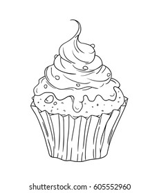 Black vector outline hand drawn illustration of delicious cupcake with cream on white background - coloring sheet